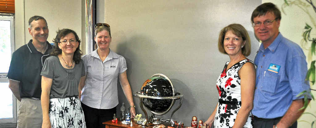 RIGHT: Peter and Mary-Anne Driver and business partner Pauline Pickering show off their travel table to first clients Alan and Leanne Olsen from Olsens Hardware. RIGHT: Peter and Mary-Anne Driver and business partner Pauline Pickering show off their travel table to first clients Alan and Leanne Olsen from Olsens Hardware.